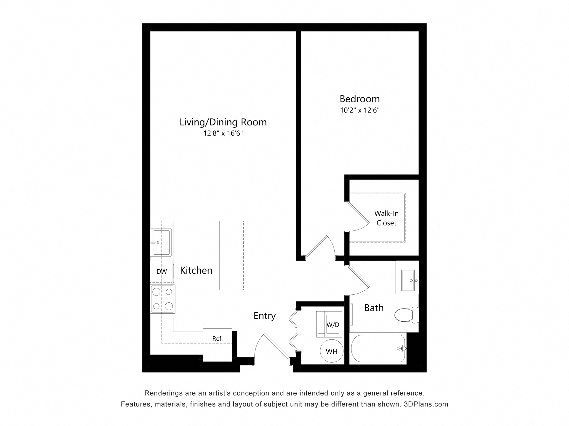 Floor plan for 1 bed, 1 bath, 710 sqft